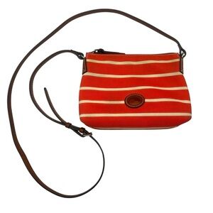 Dooney & Bourke Striped Canvas Coral and White Crossbody Bag with Leather Trim